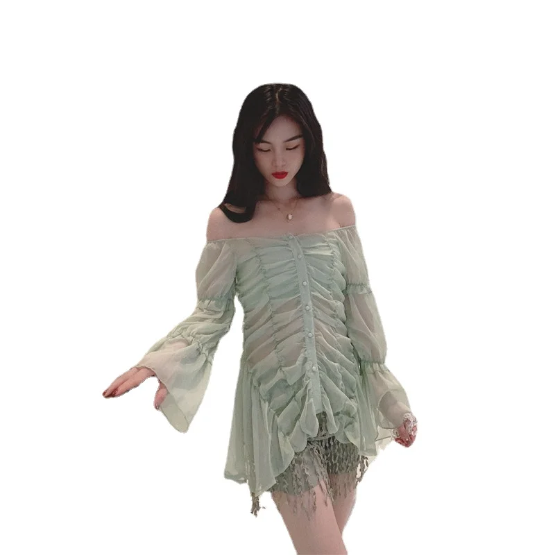 Летние женские зеленые шифоновые рубашки пикантные Прозрачные с