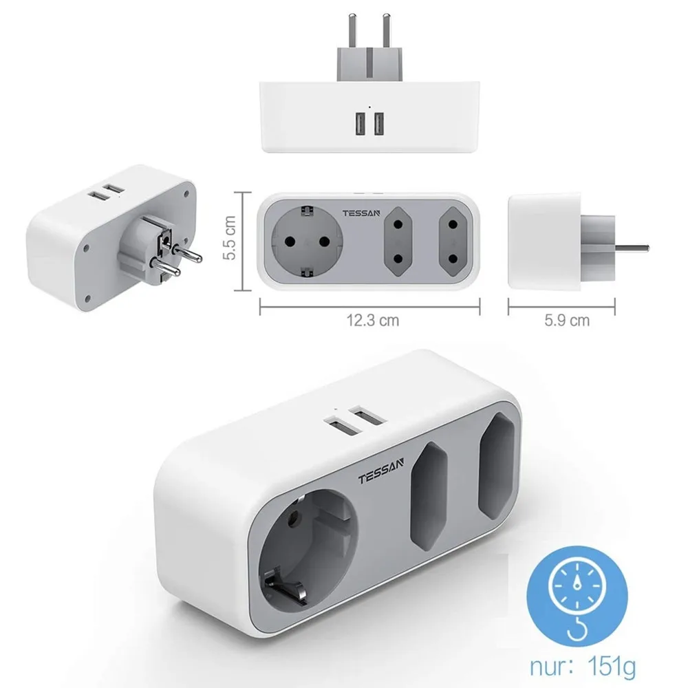 Сетевой адаптер TESSAN с 2 USB-портами 2/3 розеток европейского стандарта настенная