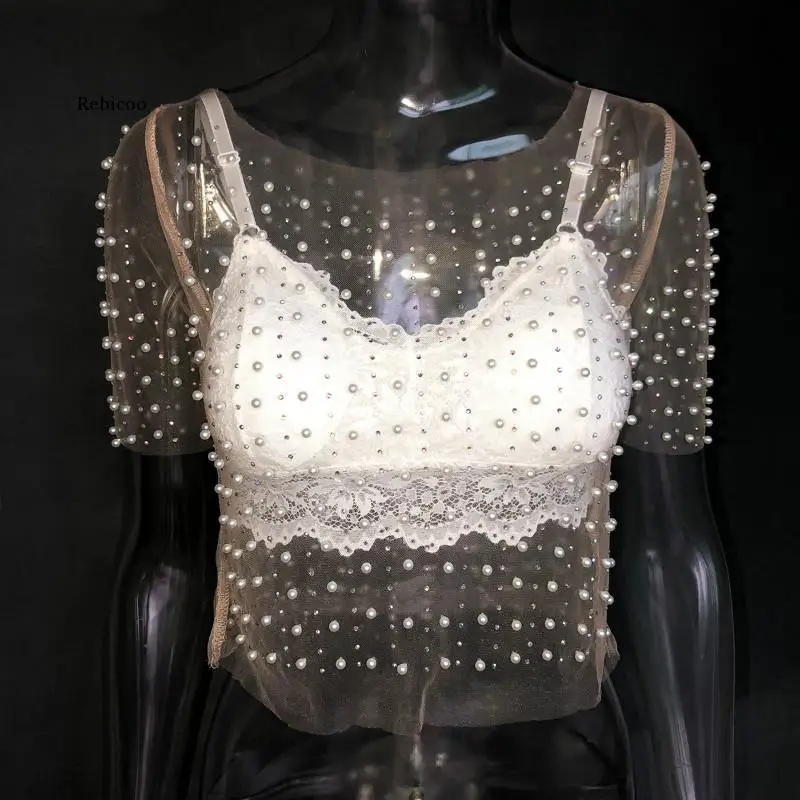 

Pearl Beading Bling Rhinestone See Through Crop Top Summer Mesh t Shirt Women Party Beach Holiday Lace Tops Streetwear