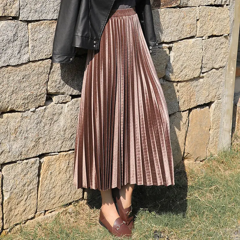 Плиссированная юбка из золотистого бархата Длинная женская осенне-зимняя