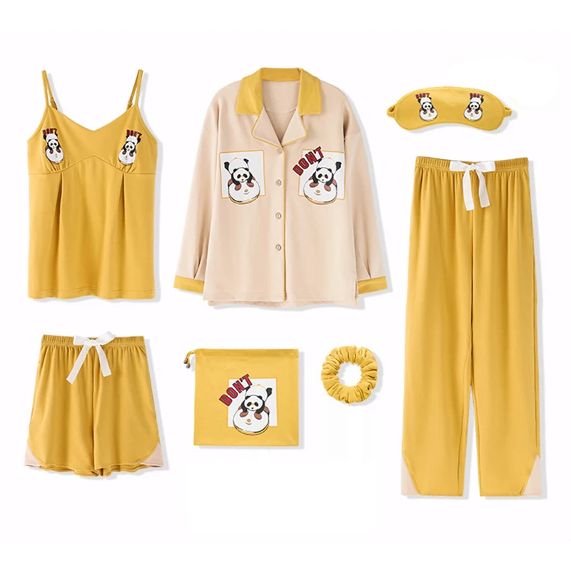 2020 100% Cotton Womens Pajamas Sets 7 Pieces Set Casual Sleepwear spring Autumn Winter Long Sleeve Cute Home Clothes women