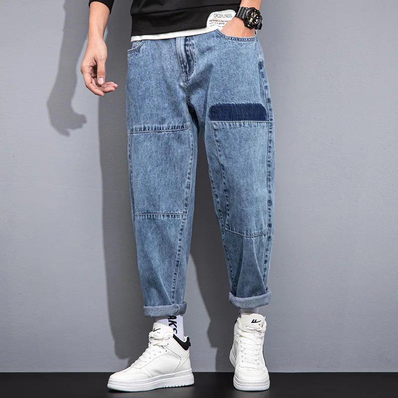 

2021 Spring New Men Straight Cropped Jeans Fashion Loose Male Denim Pants Student Ankle-Length Pants