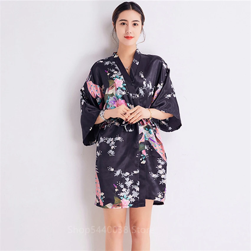 

Peacock Kimono Cardigan Japanese Style Sakura Floral Yukata Satin Bathrobe Sexy Full Sleeve Haori Dress for Women Pajamas Party
