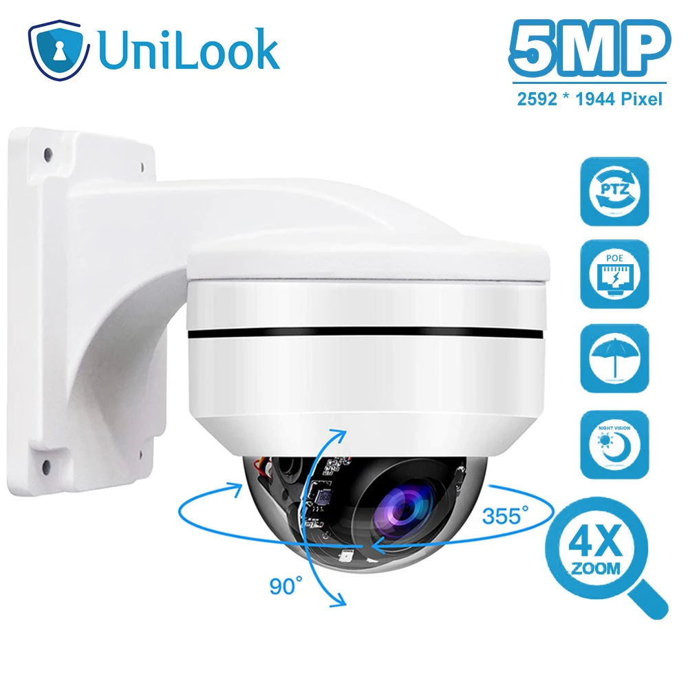 UniLook открытый 5MP PoE PTZ безопасности IP камера 2592x1944P супер HD 4X оптический зум PTZ купольная камера антивандальная с кронштейном