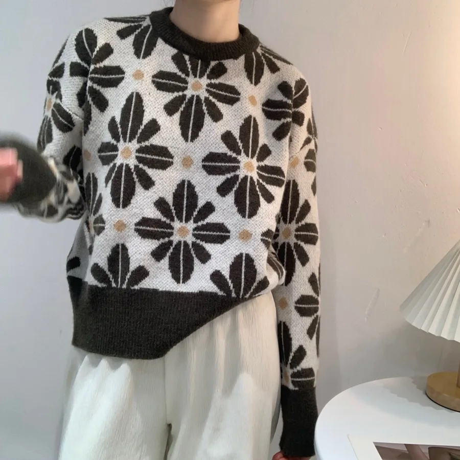 

Women Winter Floral Printed Short Knitwear Sweaters for Women's Fall Sweater Long Sleeve Cropped Top Pullover Sweater