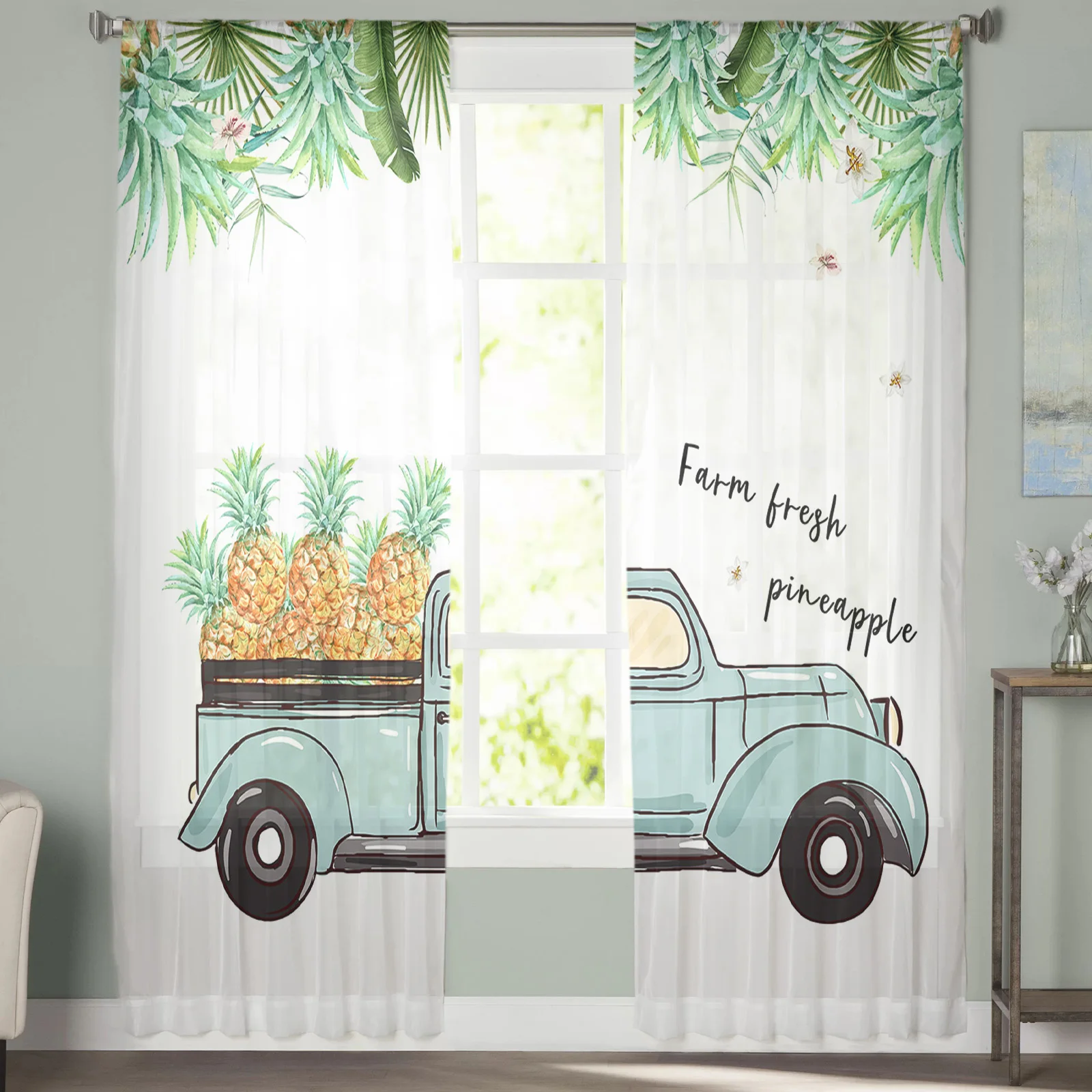 Тюлевые занавески с изображением тропических растений шифоновые прозрачные