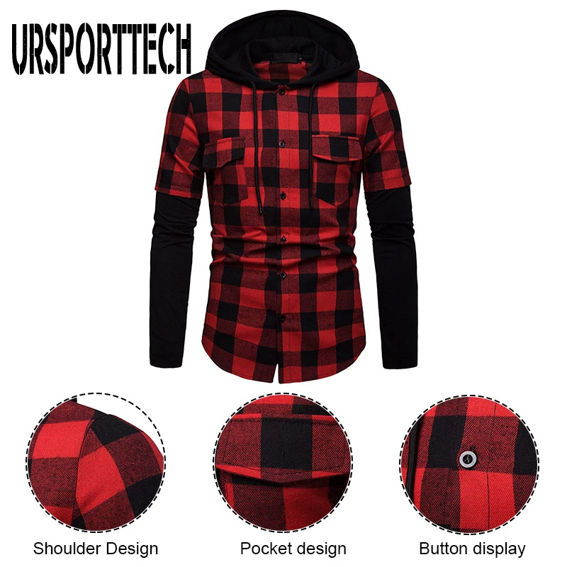 URSPORTTECH Men's Shirt Spring Autumn Quality Plaid Shirts Hooded Outwear Long Sleeve Casual Male Chemise Homme EU Size S-XXL