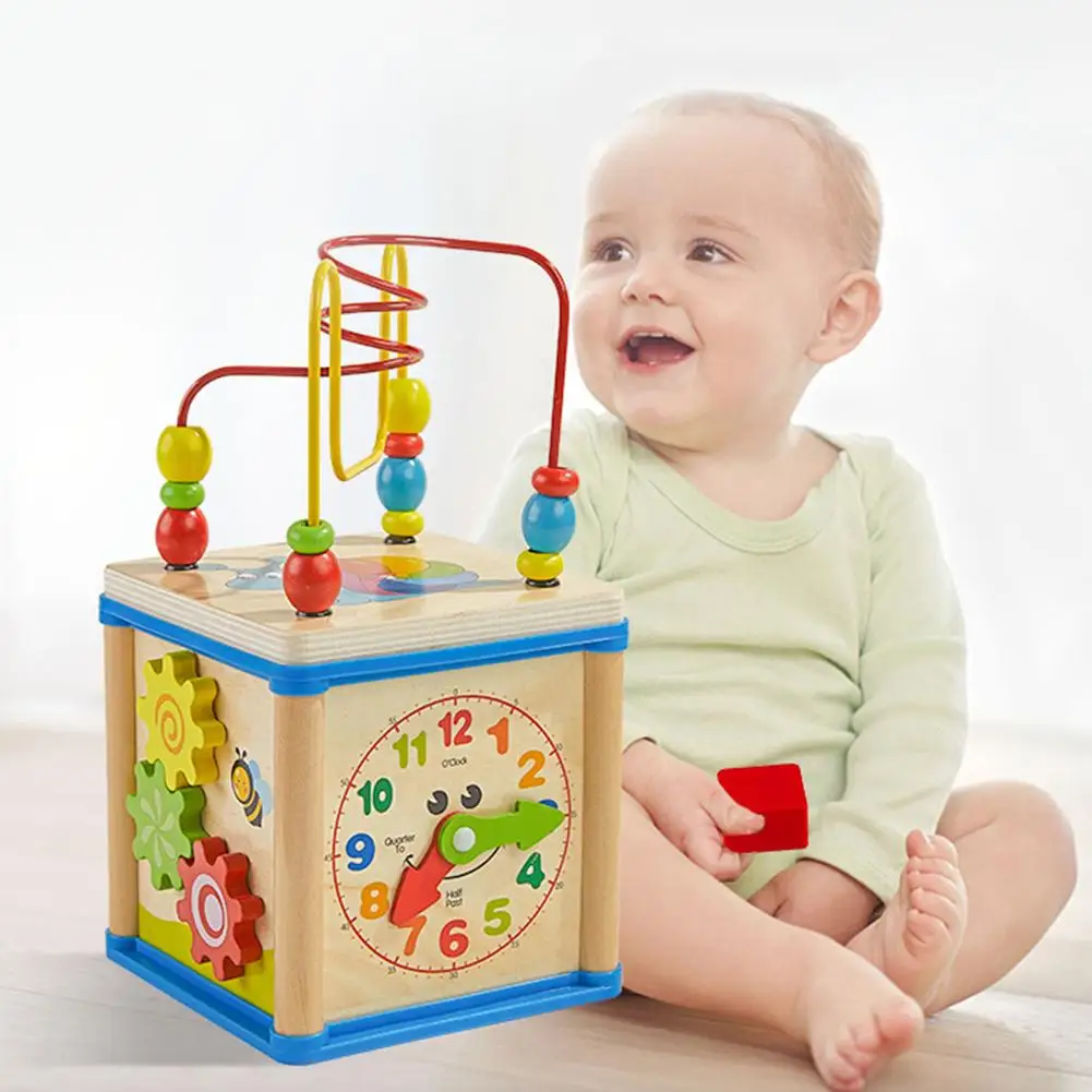 

Multifunction Wooden Beads Shape Sorter Education Activity Cube Kids Toy