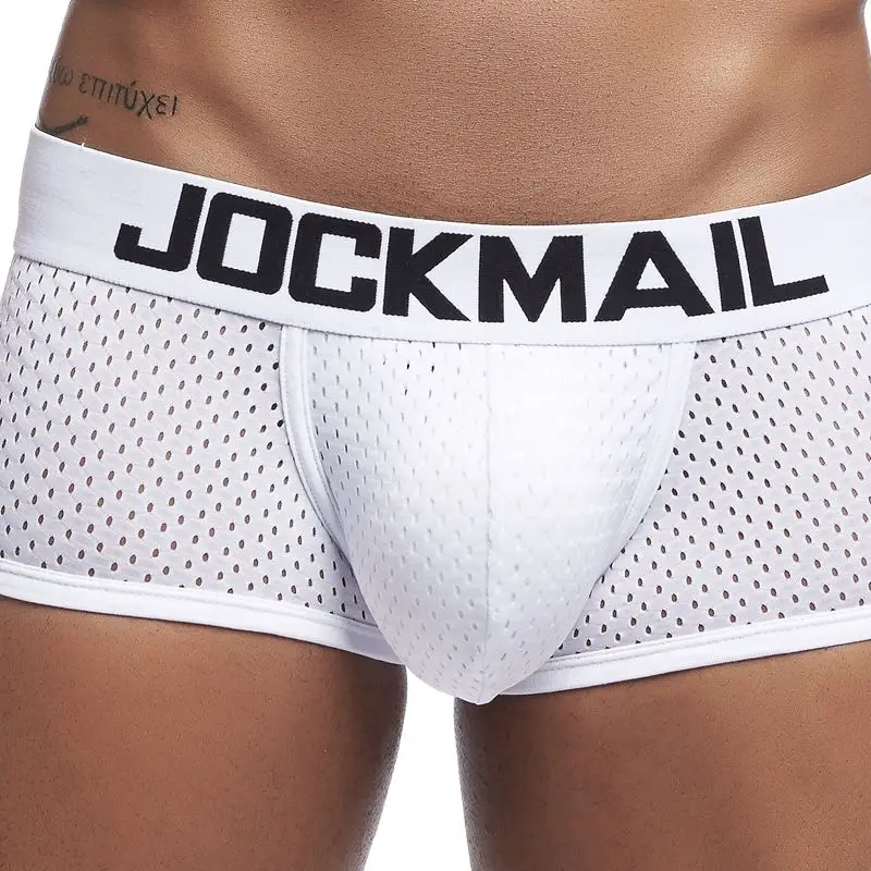 JM442-White Бренд JOCKMAIL, мужские боксеры, хлопковое сексуальное мужское нижнее белье, боксеры с u-образной выпуклой сумкой, трусы с принтом листьев, Сетчатое дышащее нижнее белье для геев - Цвет: JM442-White