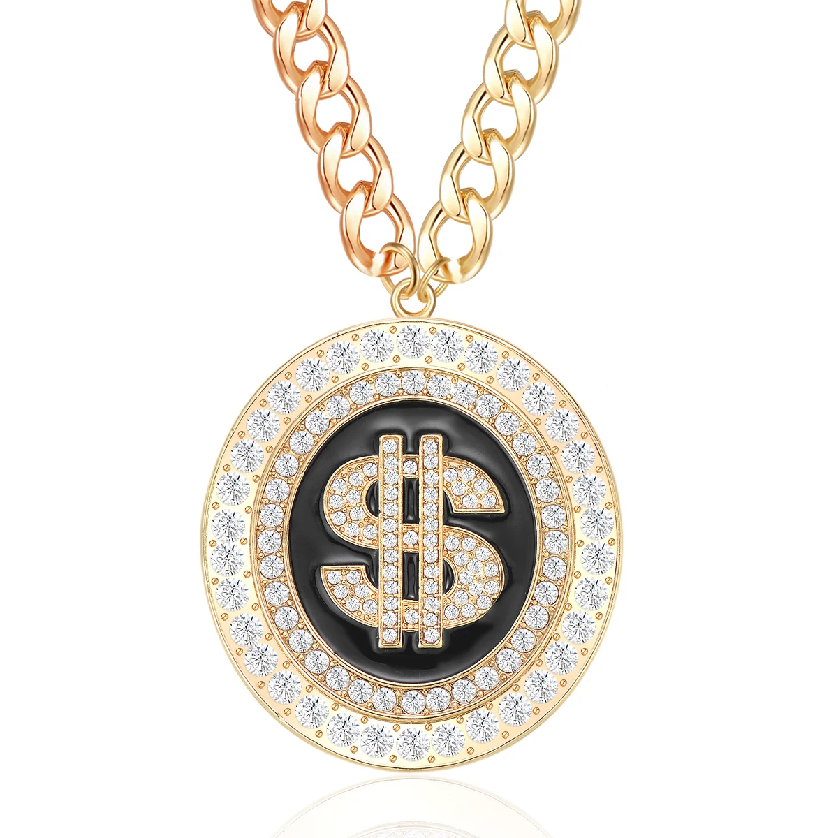 

Punk Gold Crystal Dollar Sign Chain Pendant Necklace Hip Hop Chunky Money Oval Black Enamel Costume Cocktail Party Jewelry