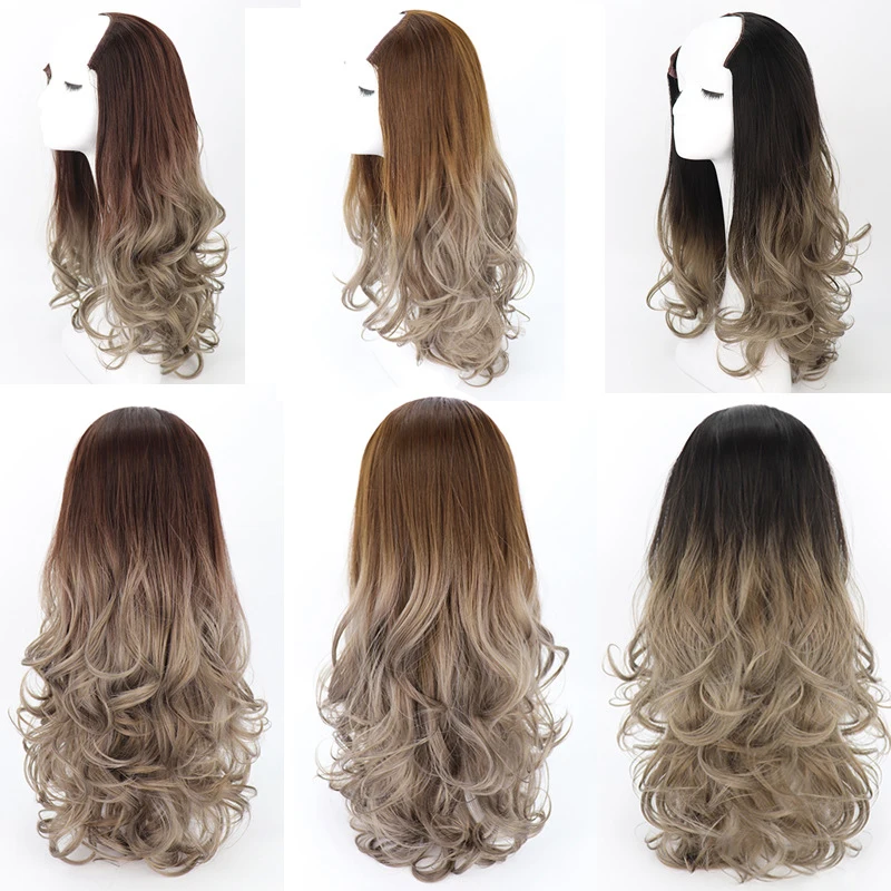 

LIANGMO 24inch U Part Clip In One piece Hair extension Women Invisible 3/4 Half Wig Black Long Wavy Natural Synthetic Hairpiece