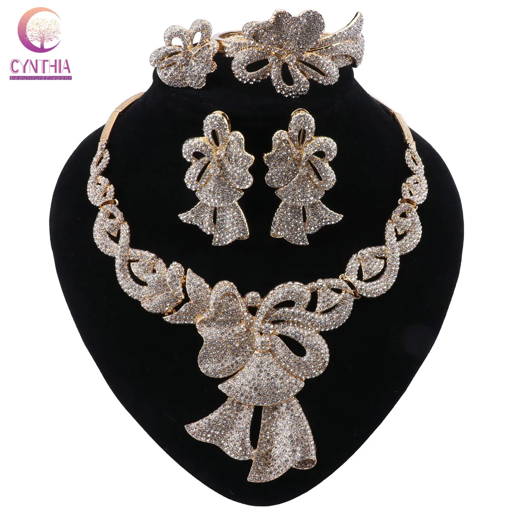 

CYNTHIA African Wedding Crystal Necklace Bracelet Earrings Ring Sets Dubai Fashion 3 Color Jewelry Set For Women