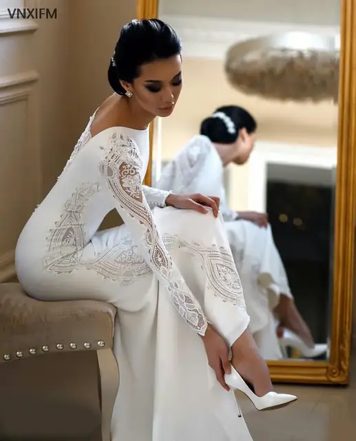 Elegant Mermaid Wedding Dresses Long Sleeves Lace Appliqued Beaded Brush Train Bridal Gowns Floor-Length Vintage Plain Dress 2