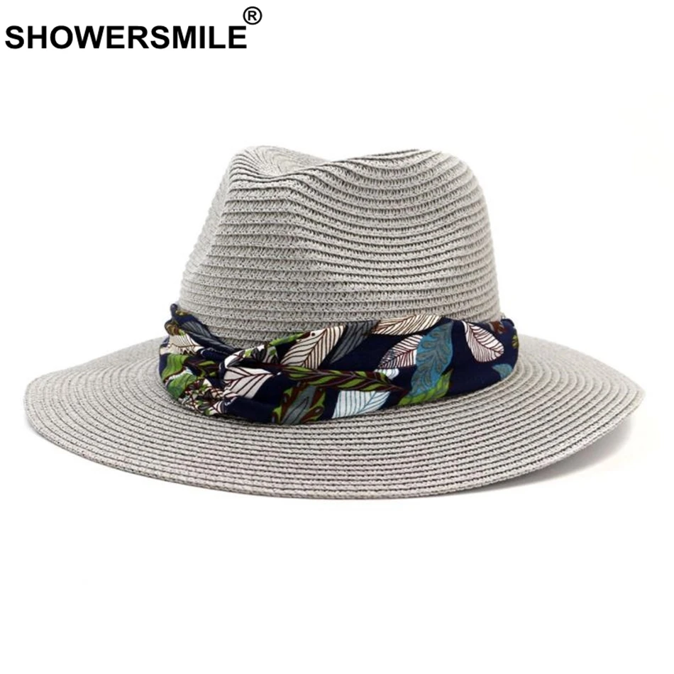 Шляпа SHOWERSMILE женская Соломенная с широкими полями Пляжная Федора принтом в