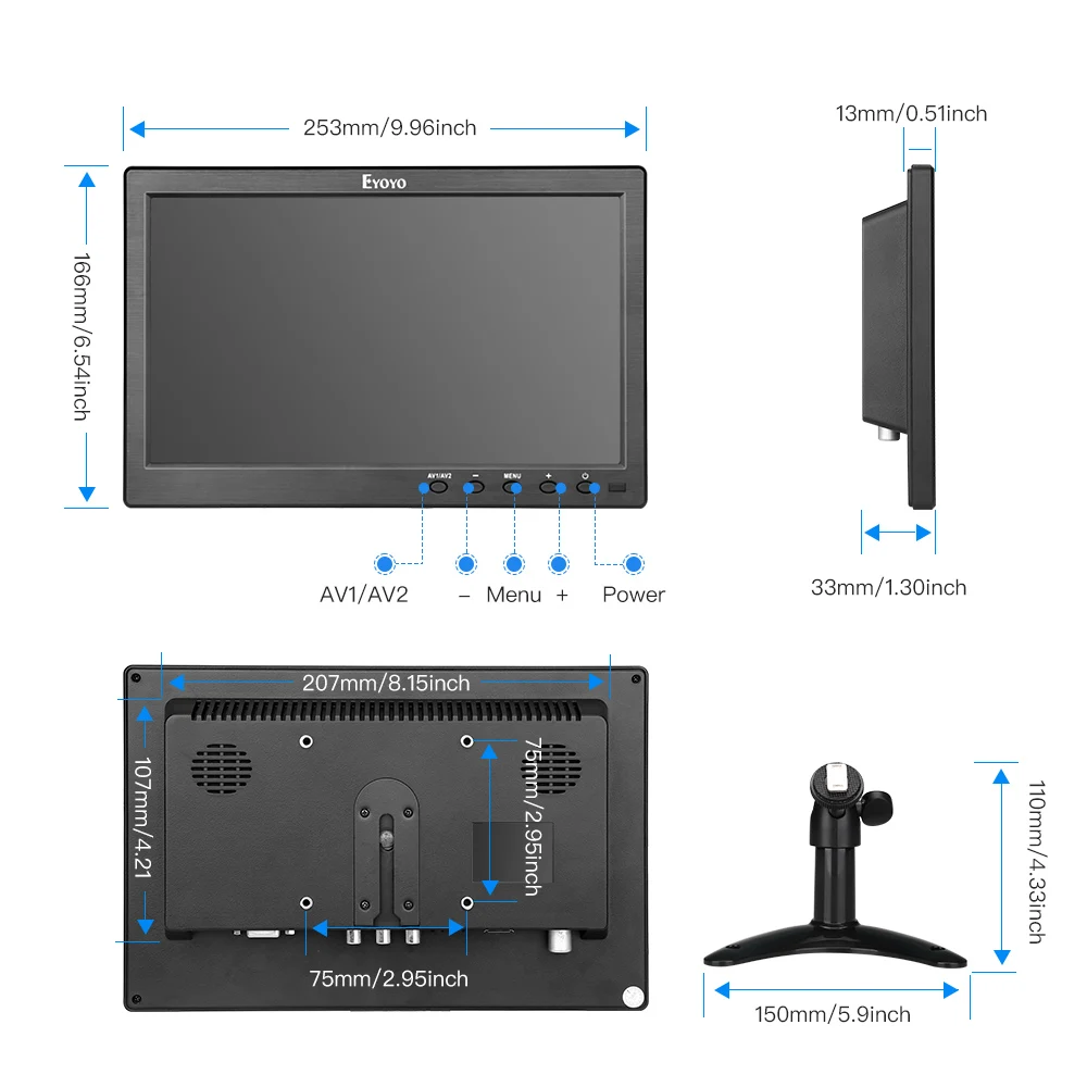 Фото Маленький IPS ТВ-монитор Eyoyo 10 дюймов, ЖК-экран 1024x60 0 С VGA AV USB, дистанционное управление, для DVD, ПК, CC ТВ, система безопасности №4