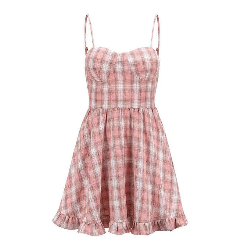 

Pink Plaid Slip Dress Summer Sweet Sleeveless High Waist Brace Skirt 2021 Korean Fashion Girl Cute Spaghetti Strap A-Line Dress