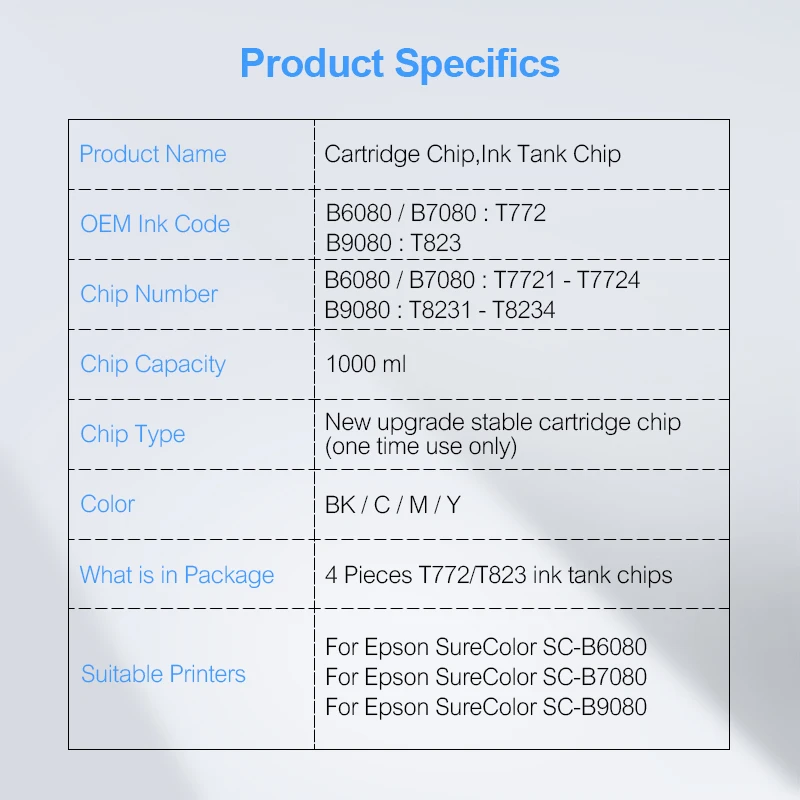 

T772 T823 T7721-T7724 T8231-T8234 Cartridge Chip For Epson SureColor SC-B6080 B6080 SC-B7080 B7080 B9080 Printer 4Colors/Set