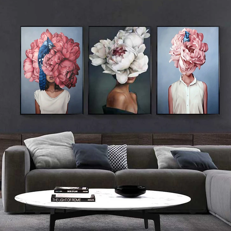 

Flowers Feathers Woman Abstract Canvas Painting Wall Art Print Poster Picture Decorative Painting Living Room Home Decoration