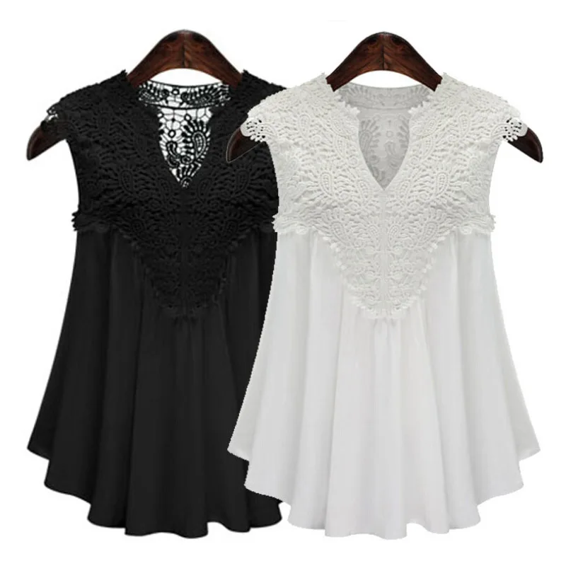 

N Fashion Summer Women Solid Color Tops Sexy V Neck Sleeveless Shirt Lace Splice Lady Girl Casual Blouse Plus Size M-5XL DO99