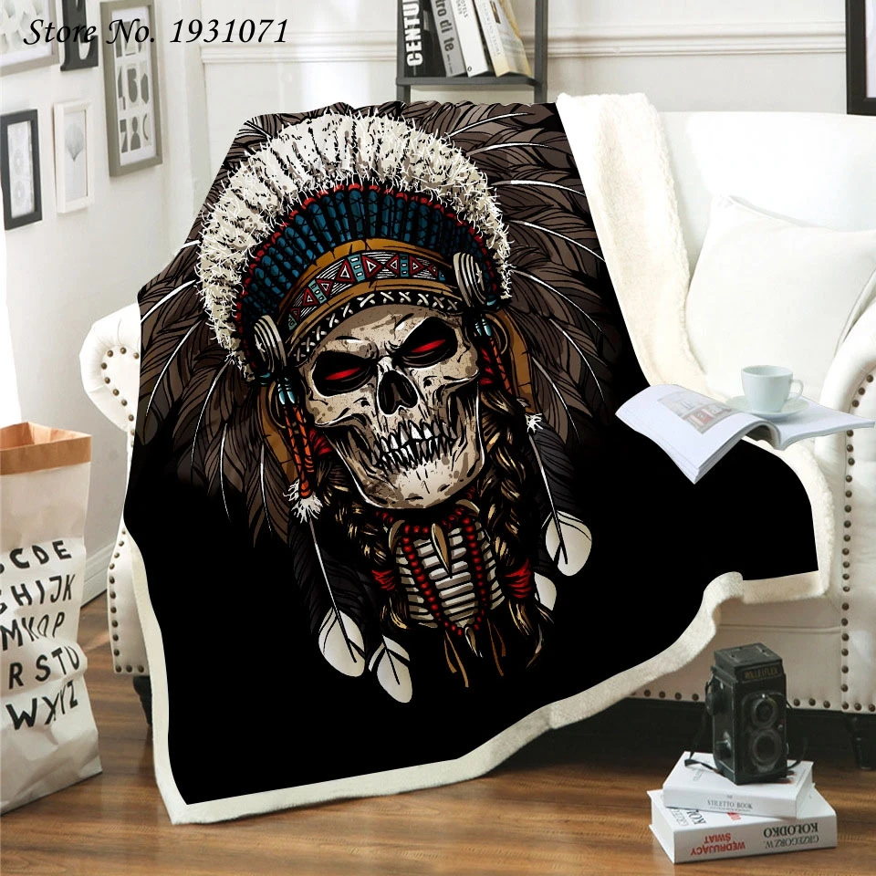 

Indian Skull 3D Printed Fleece Blanket for Beds Thick Quilt Fashion Bedspread Sherpa Throw Blanket Adults Kids 01