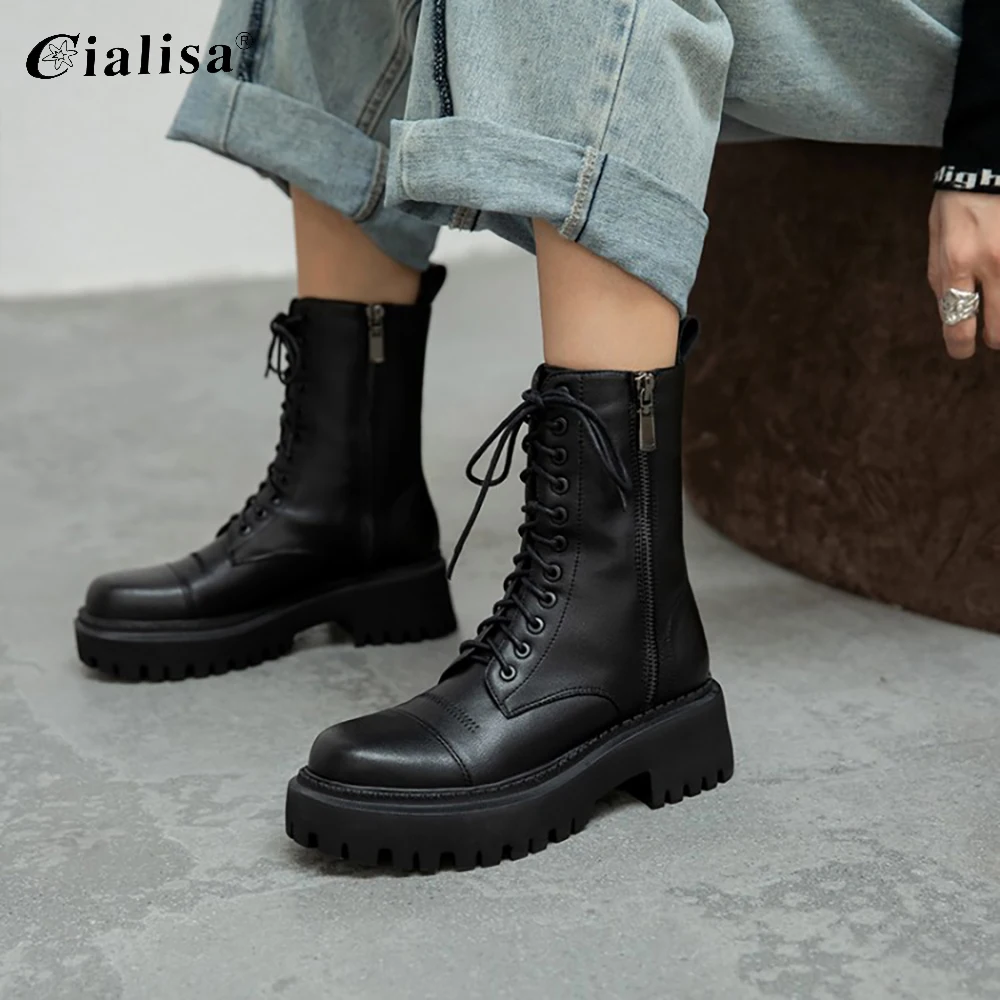 

CIALISA Women Shoes Genuine Leather Round Toe High Heel Lace Up Boot 2020 Winter Fashion New Design High Quality Ankle Boot