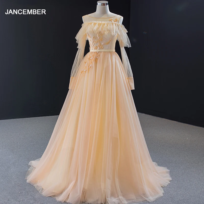 Женское вечернее платье с длинным рукавом круглым вырезом и шлейфом | Свадьбы