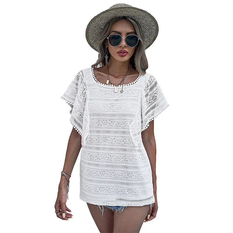 

Lace shirt summer Europe and the United States 2021 new ruffled short-sleeved lace blouse women 2516412