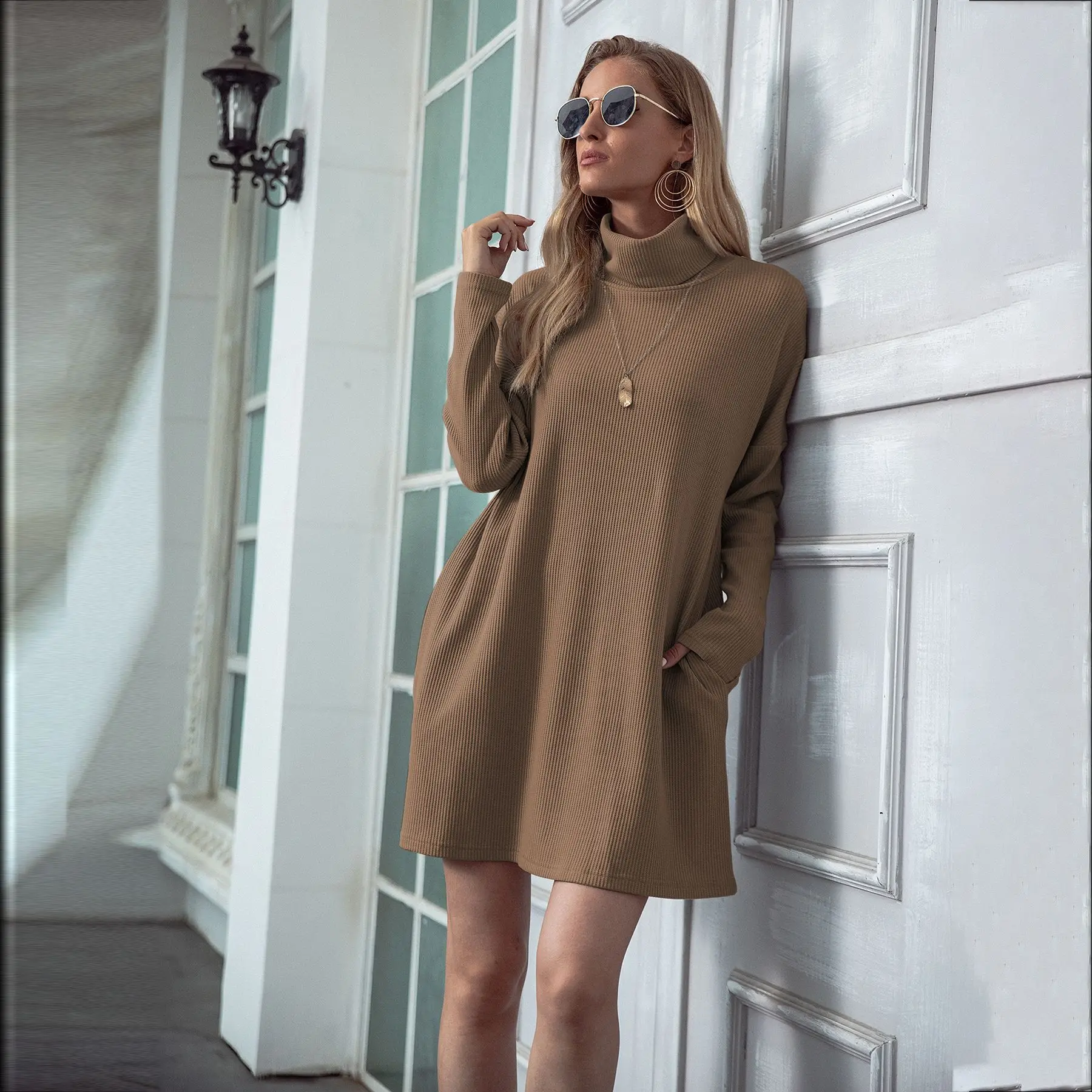 

2020 new women's dress solid color round neck skirt autumn and winter waffle skirt