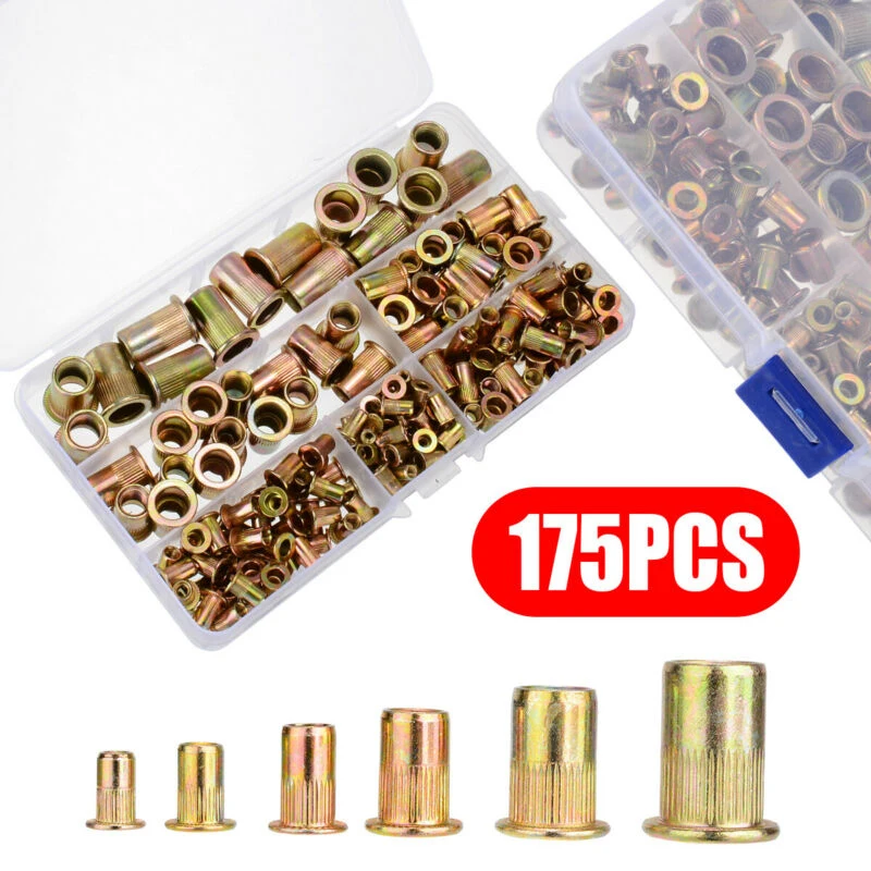 175pcs set of Threaded Rivet Nut Kit Zinc Plated Flat Rivnuts Set M3 4 5 6 8 10 Multi Size Collocation |