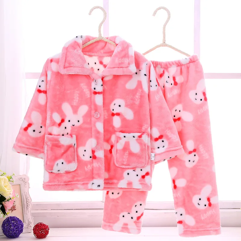 Pijama infantil inverno; детский пижамный комплект из кораллового флиса; пижама с принтом для маленьких мальчиков и девочек; детская фланелевая одежда для сна; пижамы для младенцев - Цвет: Pink Rabbit Bow
