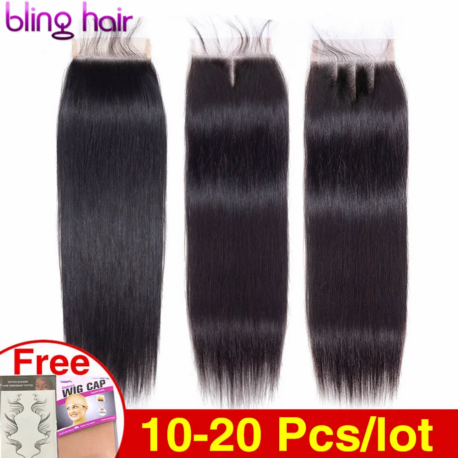 

Bling Hair 10-20 Pcs Wholesale Brazilian Straight 4*4 Lace Closure Human Hair Closure Free/Middle/Three Part Remy Natural Color