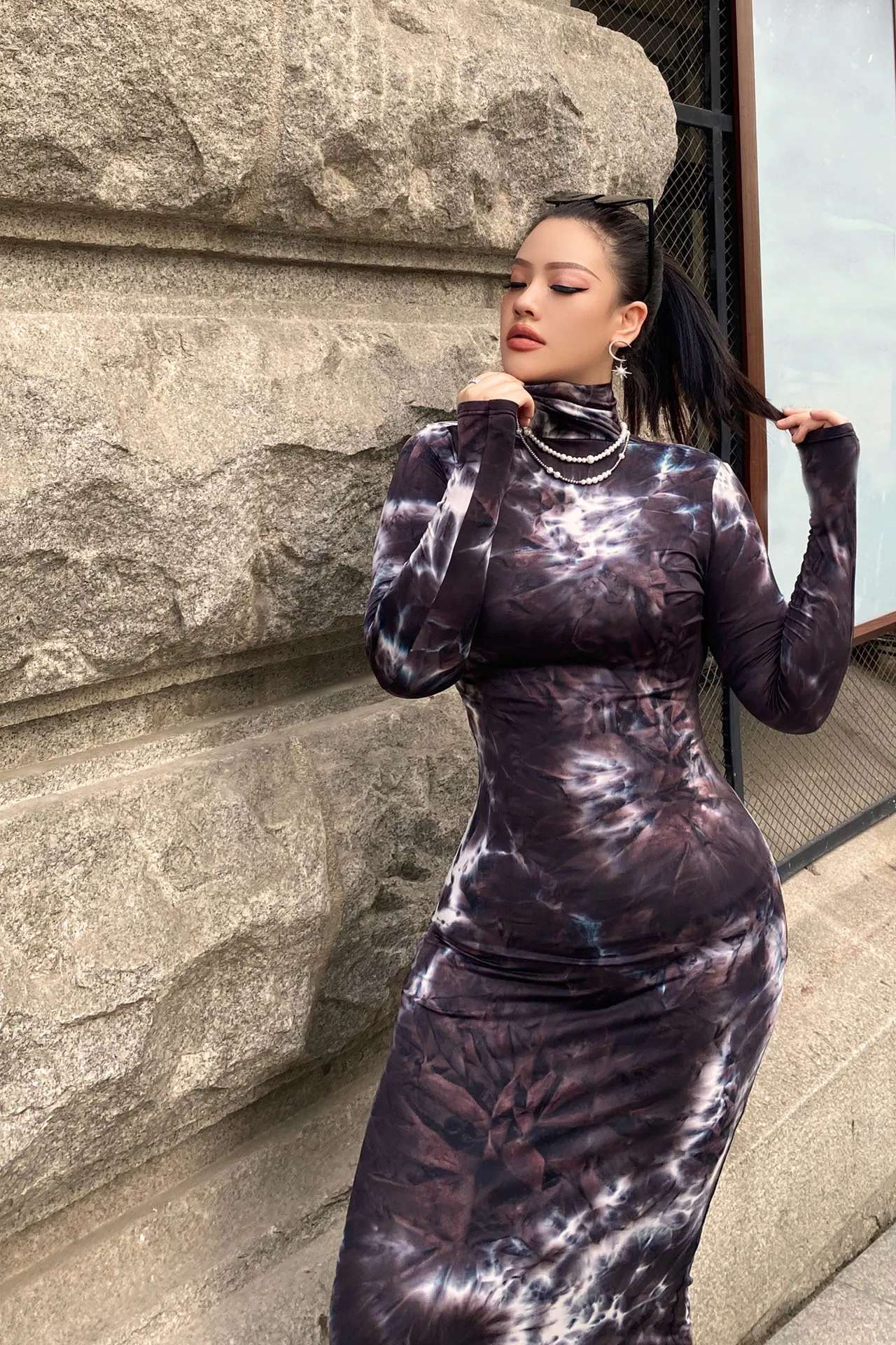 

Sexy Slim Ladies Fashion Print Turtleneck Womens Party Dresses Solid Colors Tiedye Outfits Long Sleeve Bodycon Plus Size Skinny