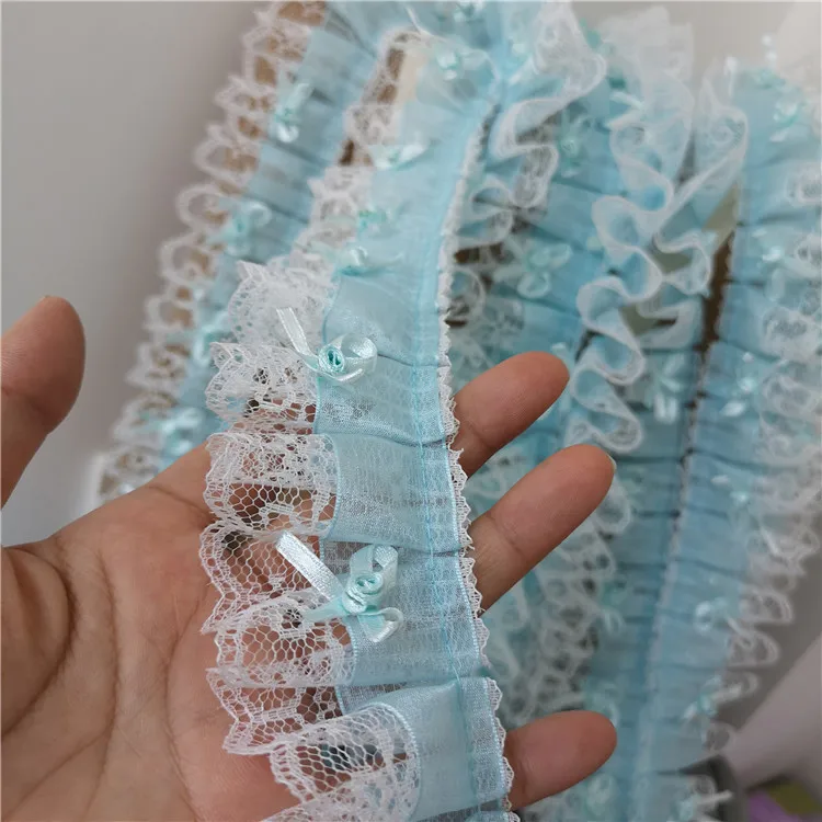 

Fine Sky Blue Pleated Tulle Lace 3D Bows Applique Fabric Embroidered Ribbon Edge DIY Clothes Skirt Hat Dress Sewing Supplies