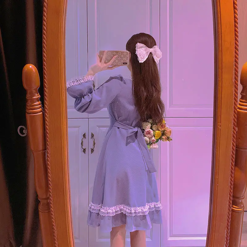 

Bule Lolita Dress Women Eleagnt Bow Lace Patchwrok Sweet Dress Female Puff Sleeve Knee Length Korean Style Chic Fall 2021 Women