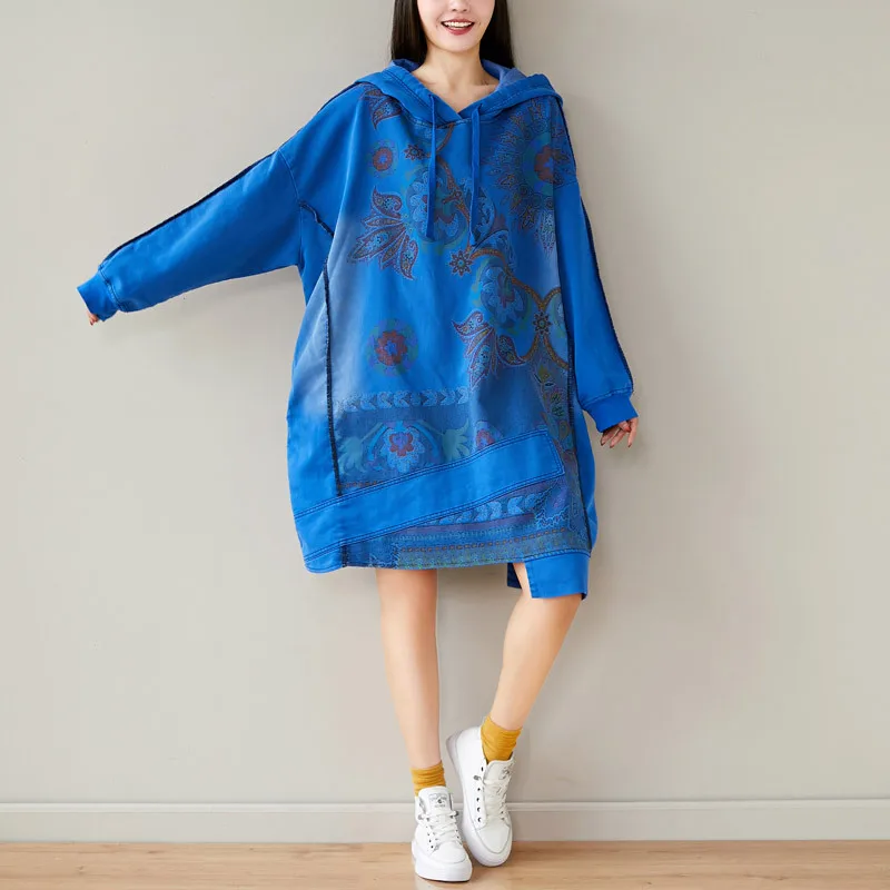 

Women's plus size sweater dress spring new retro literature and art hooded mid-length sweater plus size loose irregular dress