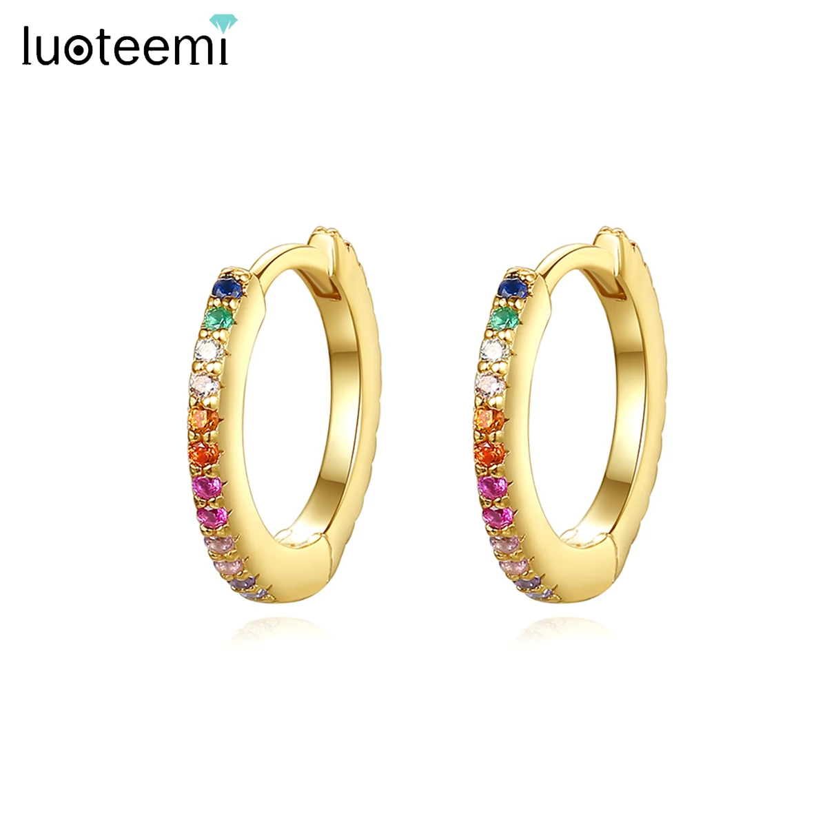 

LUOTEEMI 2 Pcs Rainbow Crystal Little Huggies Hoop Earrings Gold Color Tiny Small Thin Round Circle Earring for Girl 2022 New