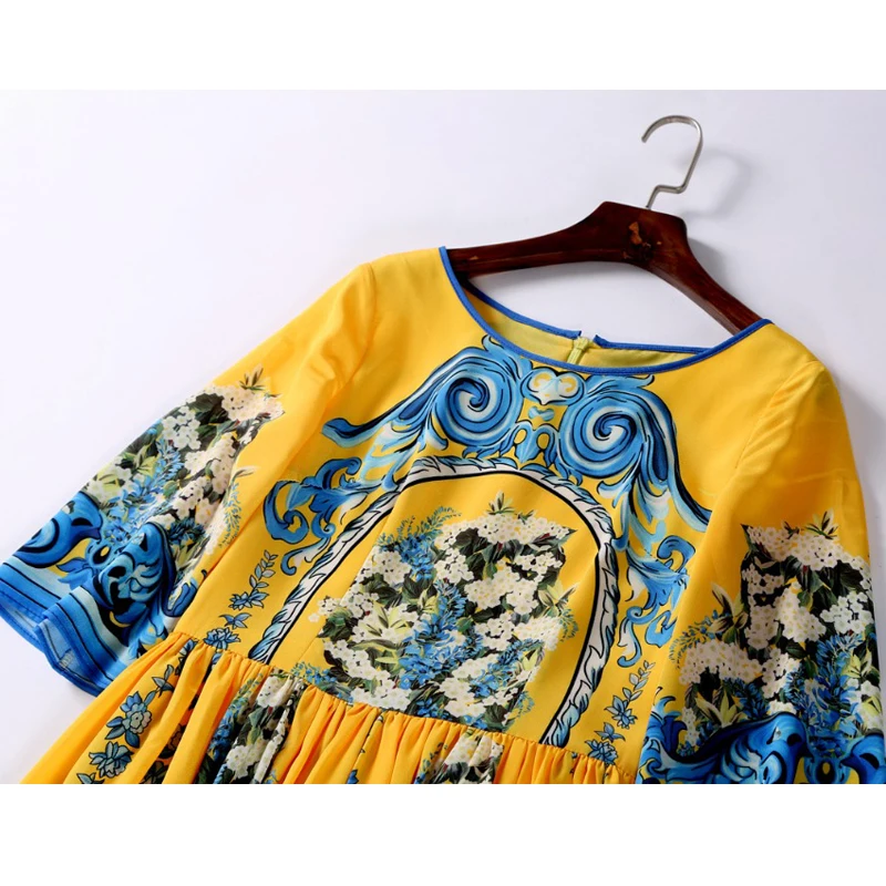 SEQINYY Long Dress 2020 Spring Autumn New Fashion Design Women Half Flare Sleeve Flowers Printed Vintage Elegant Yellow | Женская одежда