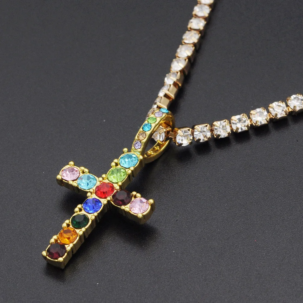 

4MM Tennis Link Chains Ankh Cross Crucifix Pendant Necklace Zinc Copper Alloy Rhinestone Hip Hop Women Men Necklace Jewelry Gift