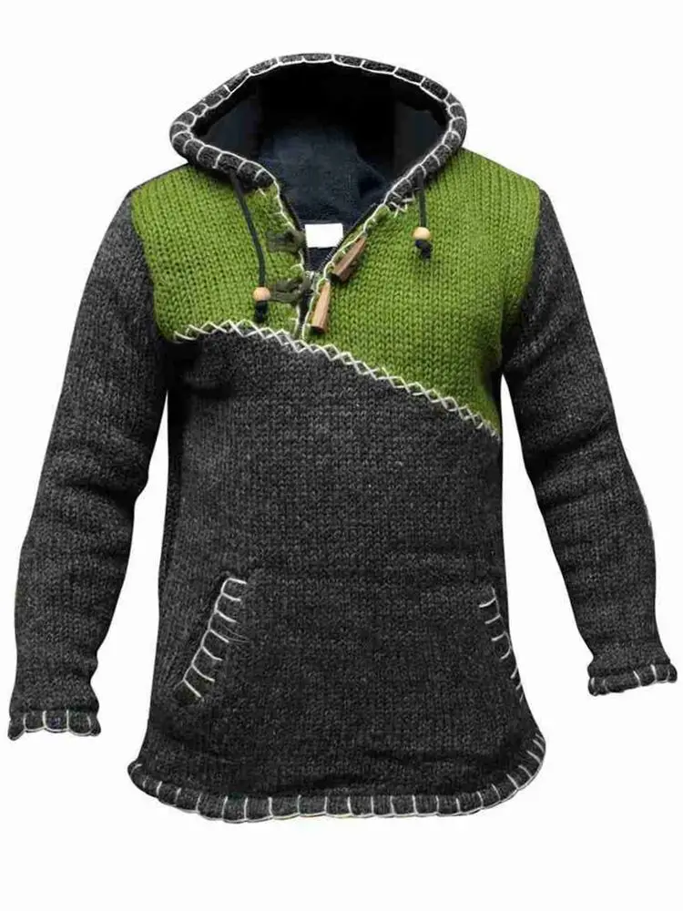 

Men's Sweater Autumn Winter Trend Stitching Style Long-sleeved Knitted Hooded Sweaters Street Hip Hop Warm Fashion Male Clothes