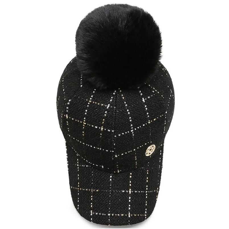 2021 New Women Pom Pom Cap Baseball Hat Plaid Hat Hair Ball Cap for Women Fashion Hipster Hat Luxury Snapback Hats Baseball Caps