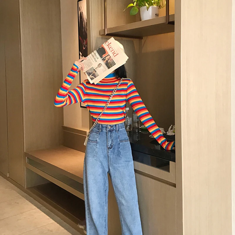 Winter Rainbow Knitted Women Sweaters And Long Sleeve Casual O-Neck Pullovers Sueter Mujer Tops Striped Turtleneck Jumper | Женская
