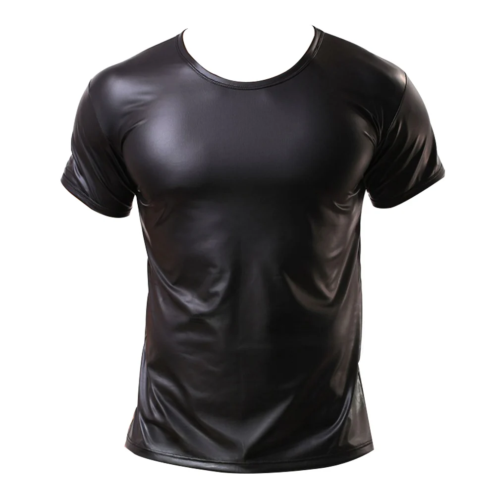 

Sexy Men Faux Leather Solid Color Elastic Top Bar Stage Performance Slim T-shirt hug your curves showing your muscular figure