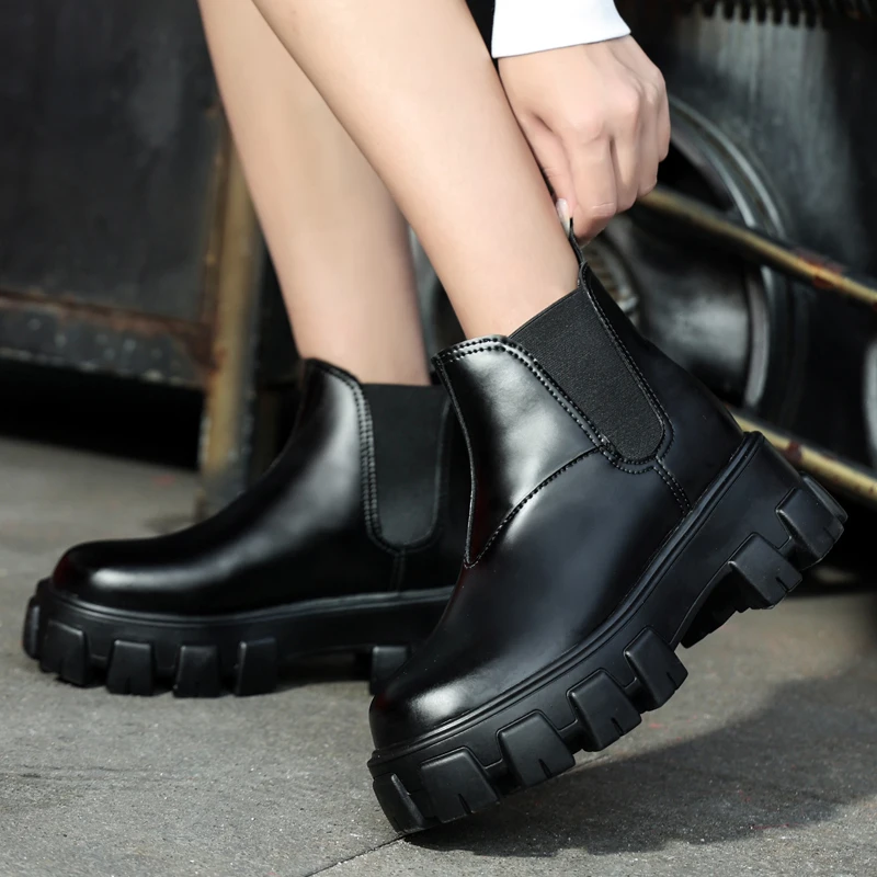 ladies boots chelsea women genuine cow leather platform bootie elastic band winter ladies shoes brand design handmade hot free global shipping
