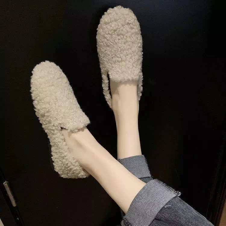 

Ladies wool fur loafers cotton patchwork women's shoes winter thickening furry creeper fashion flat shoes 2021