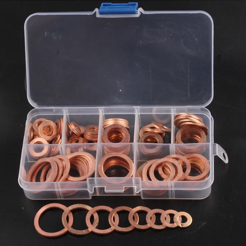 120/150Pcs/Set Solid Copper Crush Washers 8 Sizes Assorted Seal M6-M20 Flat Ring Set for Hardware Accessories Kit with Box