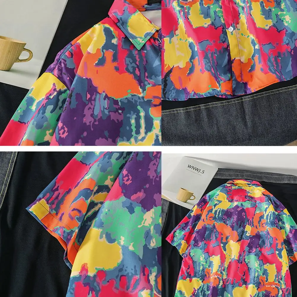 

2021 New Summer Men's shirt tie-dye gradient dark black retro hip-hop fun shirt short-sleeved loose couple flower shirt Comfort