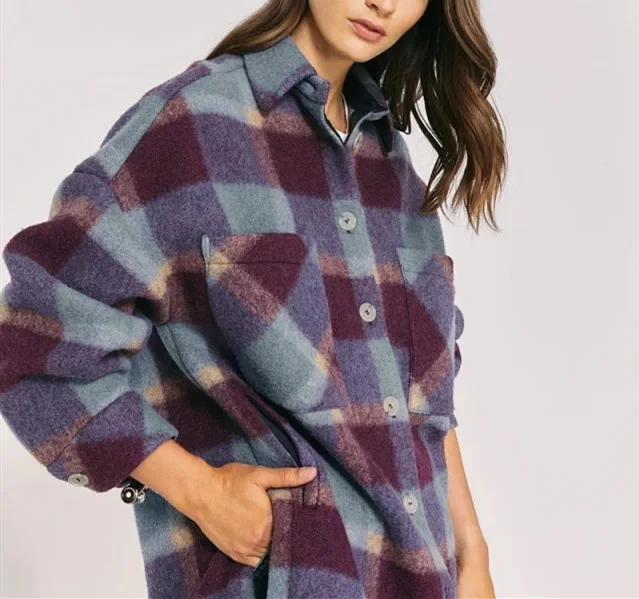 

Autumn Winter Women Woolen Plaid Coat Ladies Fashion Split Single-Breasted Outwear Jacket Tops with Pockets