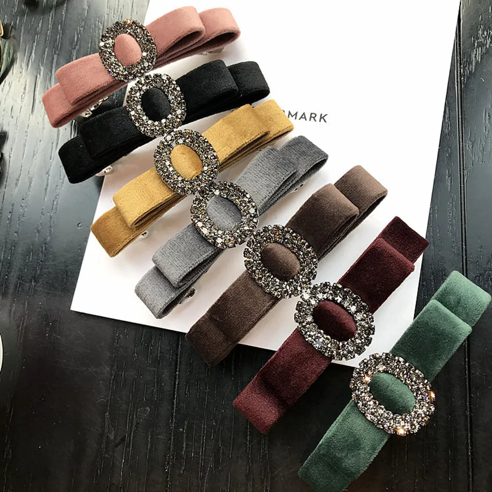 

Korean Simple Fabric Velvet Bow Tie Circles Rhinestone Barrettes Hair clips Pins For Women Fashion Headwear Hair Accessories
