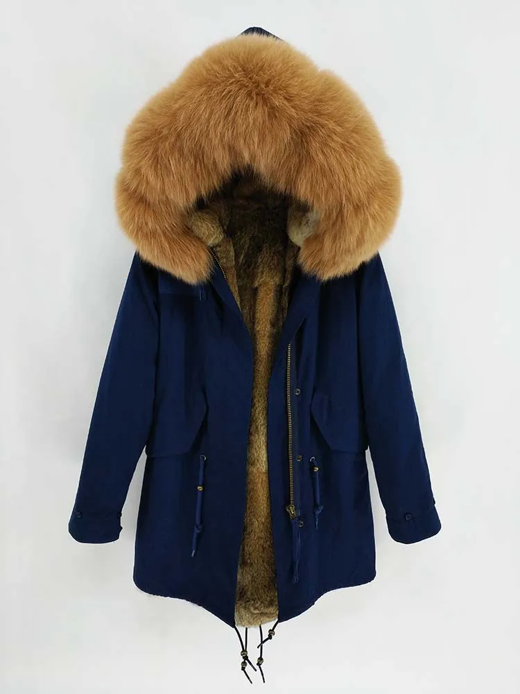 navy blue long 3 Мужской зимний жакет Длинная парка натуральный мех Пальто Подклад мех кролика рекс Воротник мех енота Топ бренд Теплый - Цвет: navy blue long 3