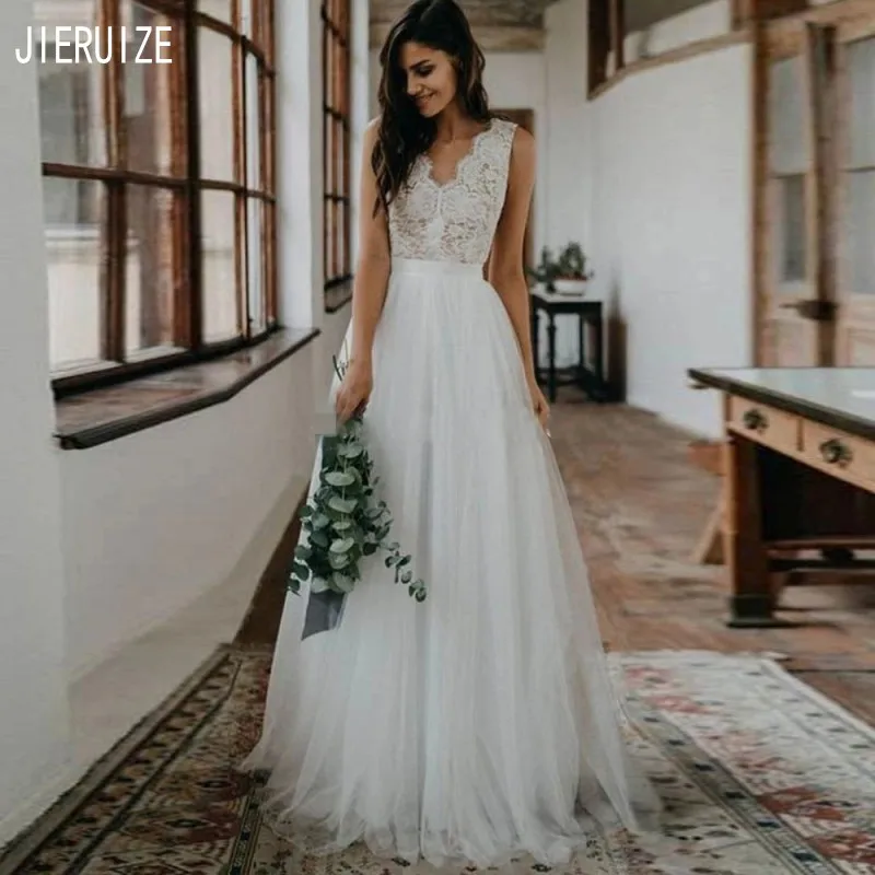 Длинные свадебные платья JIERUIZE в стиле бохо с V образным вырезом и открытой спиной